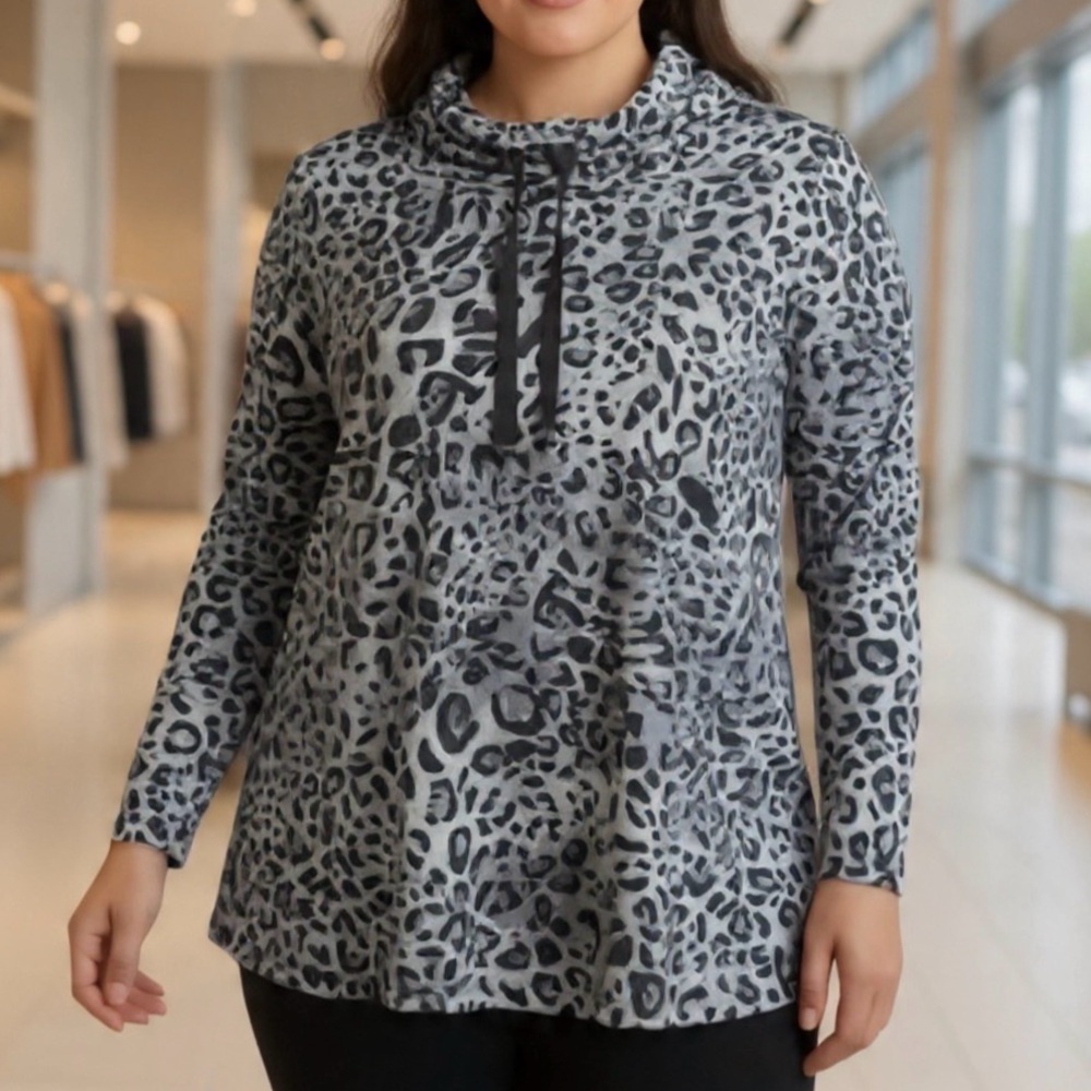 Susan Graver Black and Gray Animal Print Swing Cowl Neck Shirt. SIze XXL